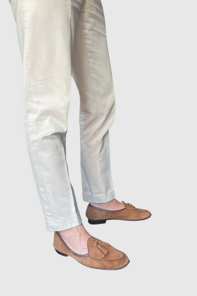 Cream cotton trousers with brown suede belgian loafers